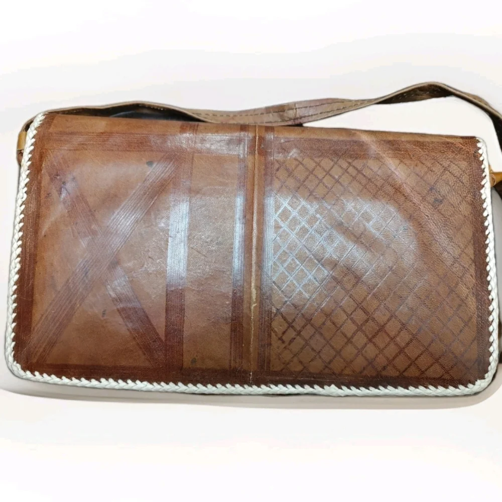 70's Handmade Leather Patchwork Clutch African Moroccan? Flap Closure X Body